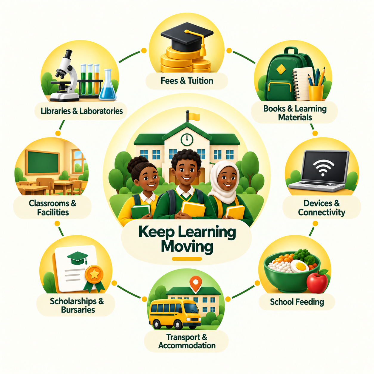Illustration showing education support including fees, books, devices, feeding, transport, scholarships and school facilities.